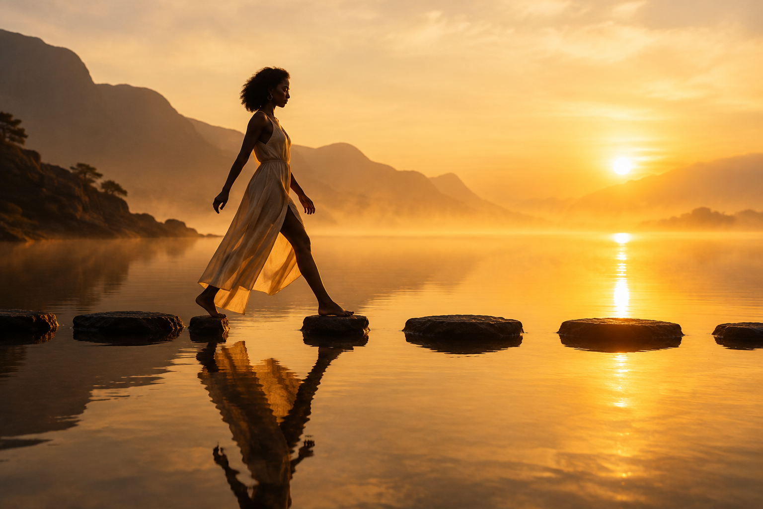 Risk and the Art of Becoming-woman Stepping stones crossing still water toward warm gold light