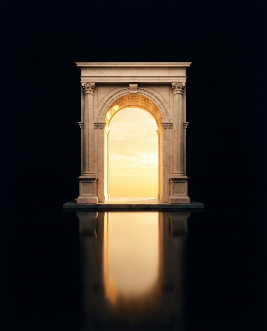 A golden archway opening onto light — Stage III, Become