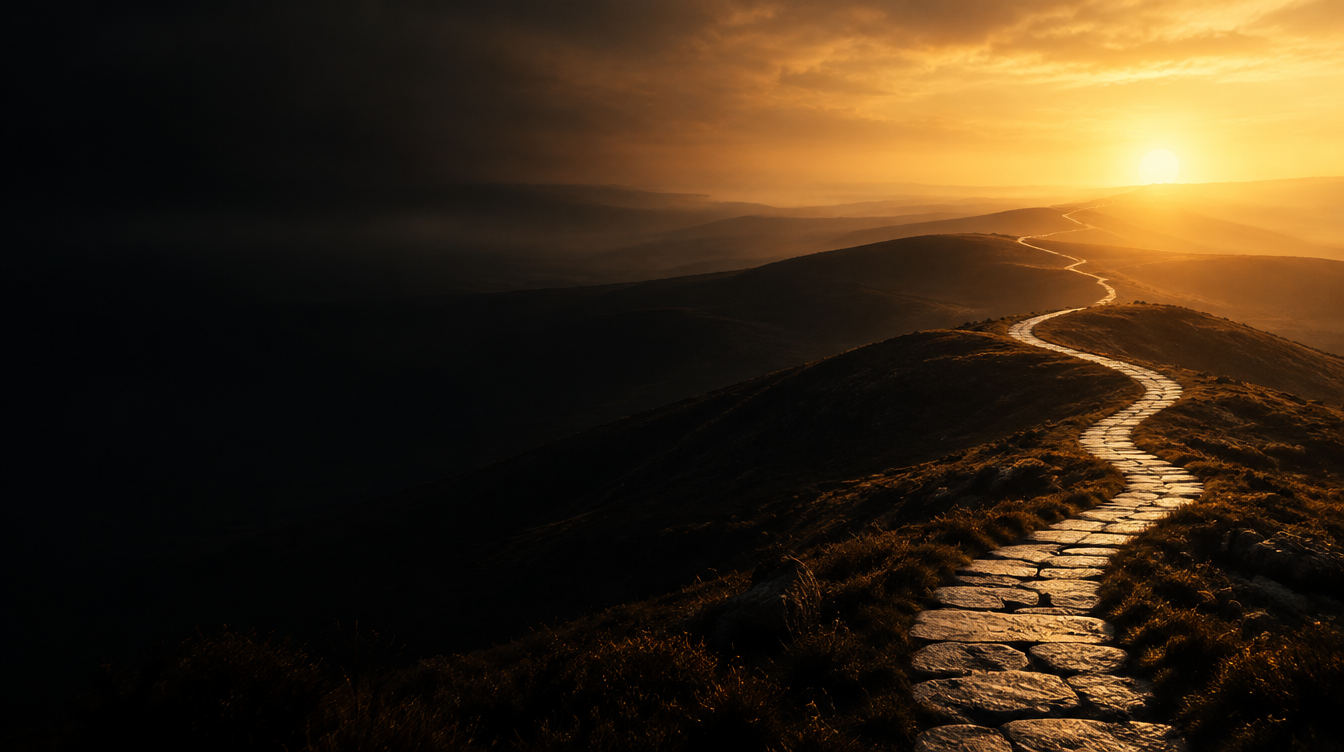 patty-elvey-becoming-not-a-destination A winding path disappearing into warm golden light