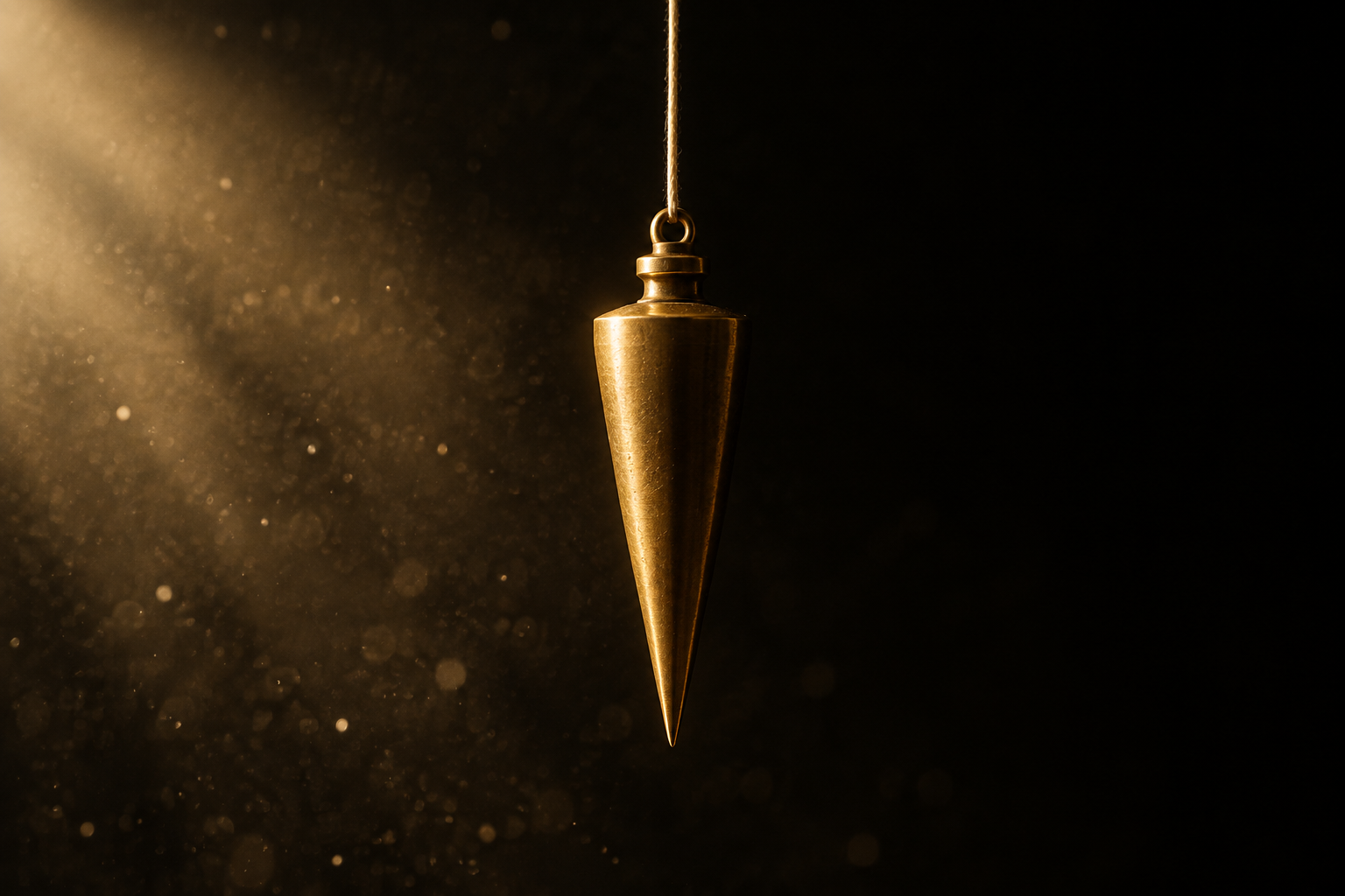 patty-elvey-integrity A brass plumb bob hanging still in warm gold light