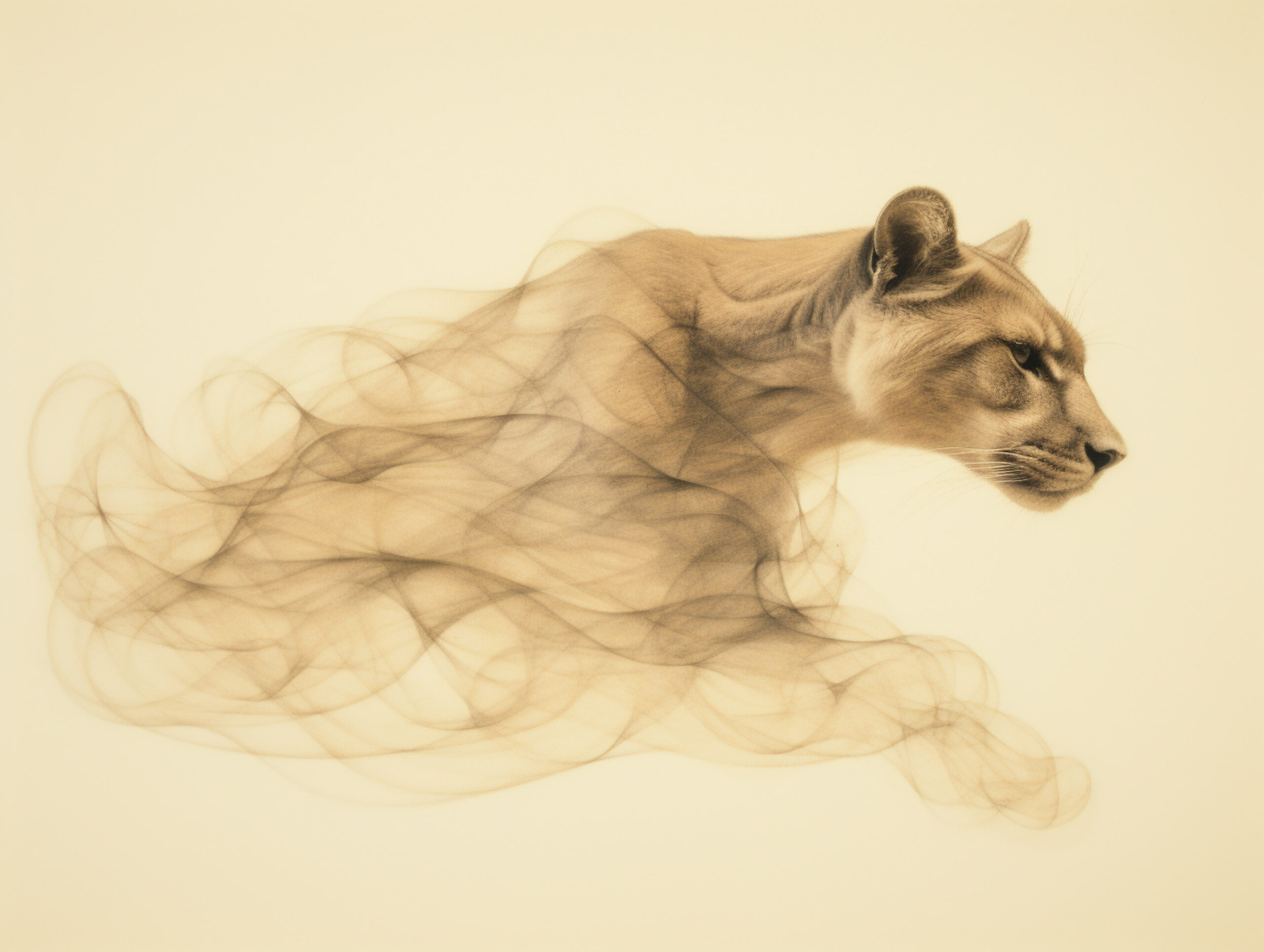 A lioness formed from drifting golden smoke on a pale ground