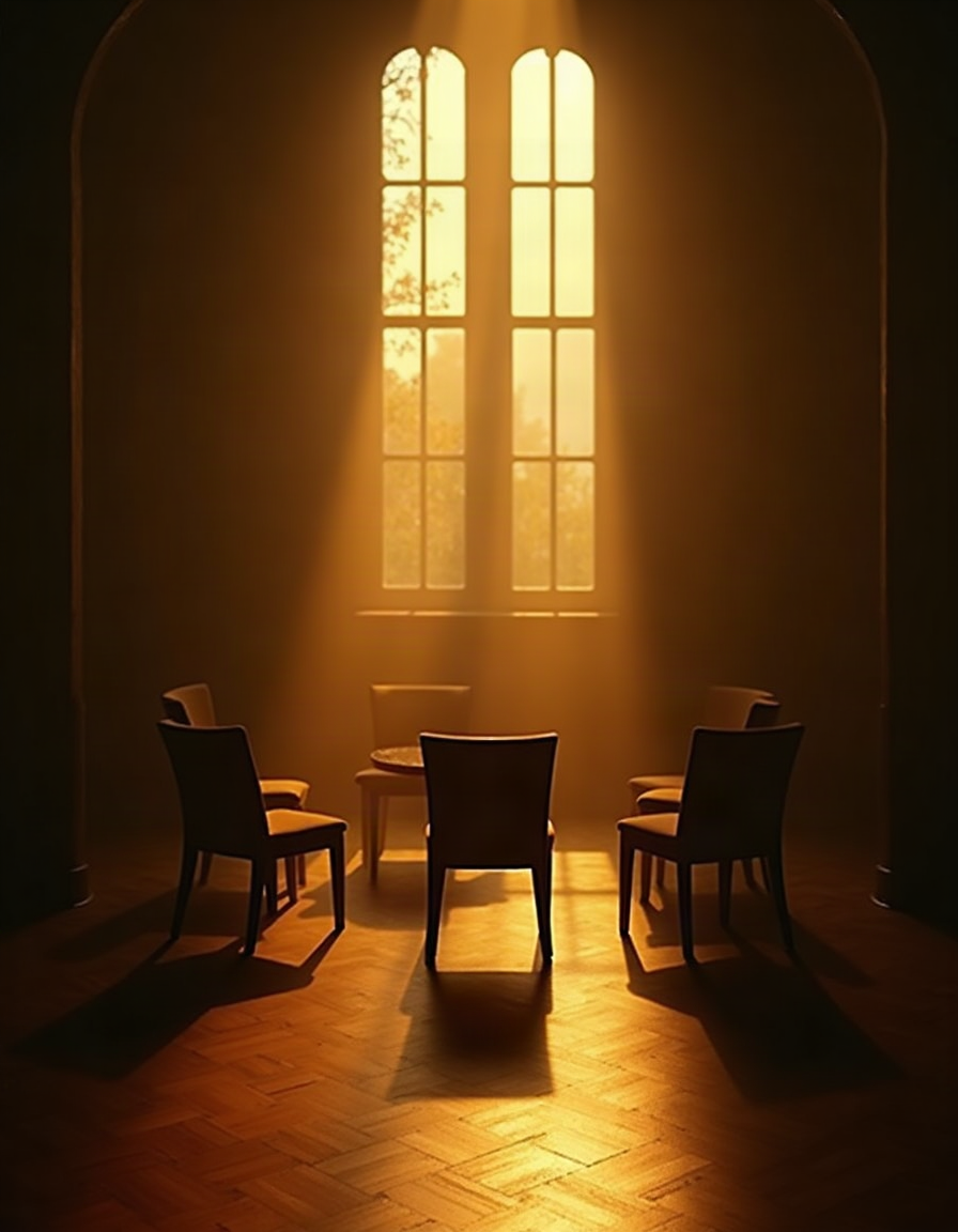 patty-elvey-speaker-story An empty room of chairs in warm light from tall arched windows, set for a talk