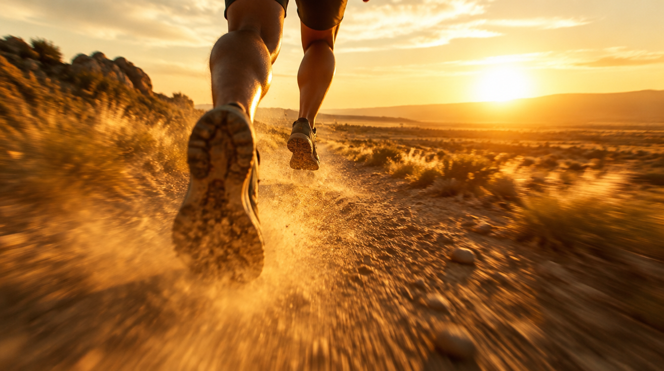 A runner striding along a dirt trail at golden hour, dust in the light