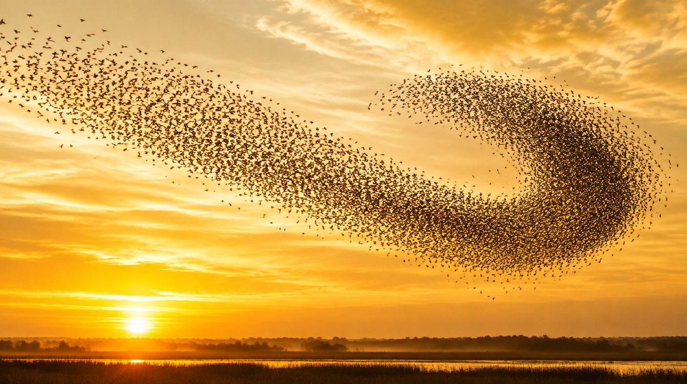A vast flock of birds turning together across an amber sunrise sky
