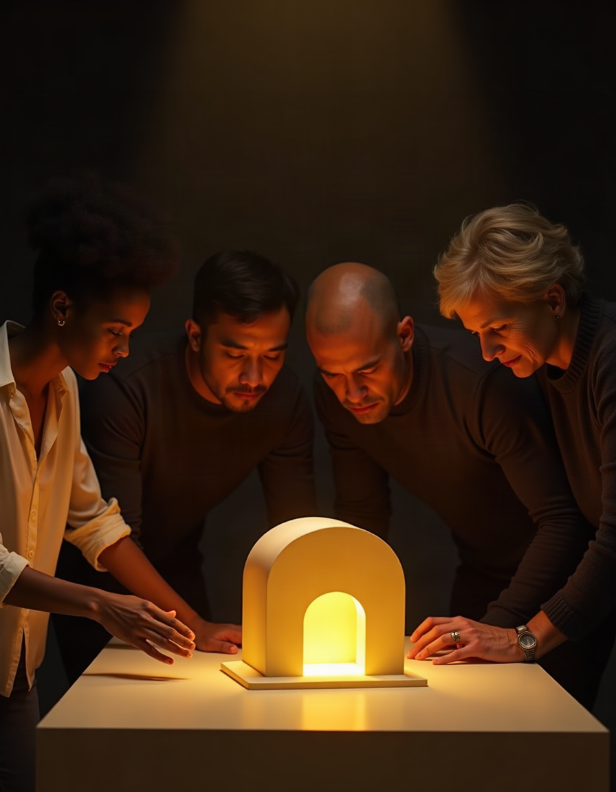 A small group of people gathered around a glowing golden archway on a table